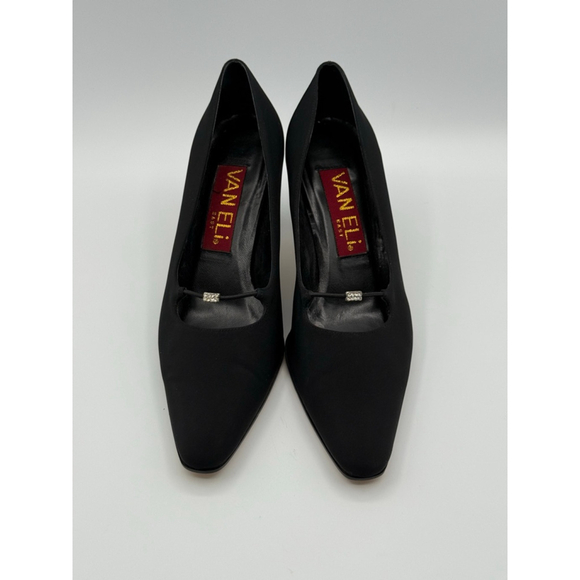 Vaneli Black Satin Pumps 7M – Made in Italy, Vero Cuoio Leather Sole, Rhinestone - Picture 3 of 8
